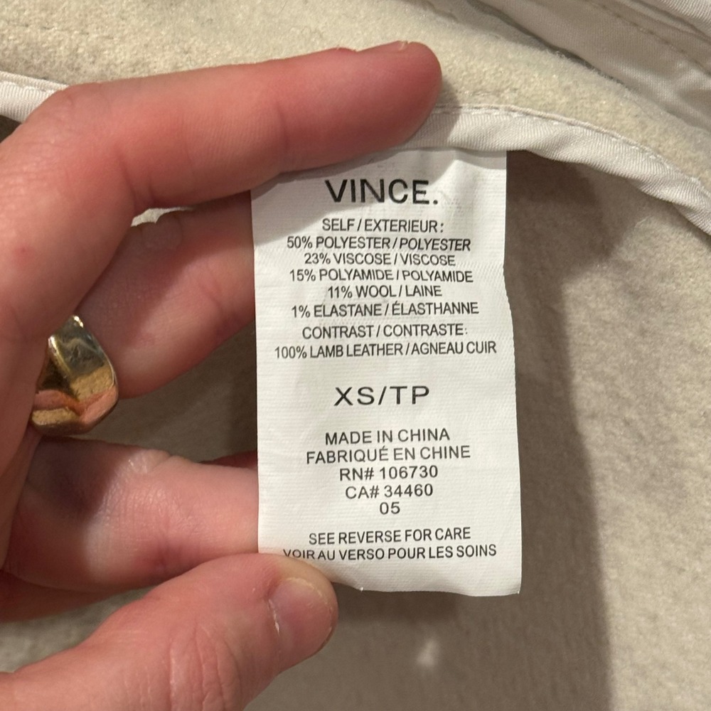 Vince Drape Front Wool Jacket Lamb Leather Sleeves XS Neutral Coat Minimalist‎ - Picture 3 of 8